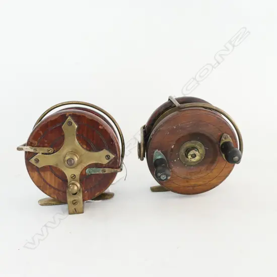 2 VICTORIAN WOODEN REELS w BRASS STARBACK (OLD REPAIR)